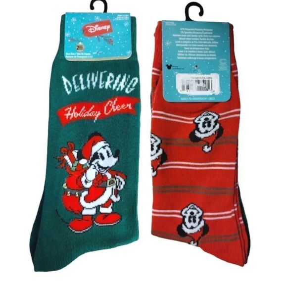 Disney Mickey Mouse 2 Pairs Red Green Christmas Themed Unisex Crew Socks - Picture 1 of 7